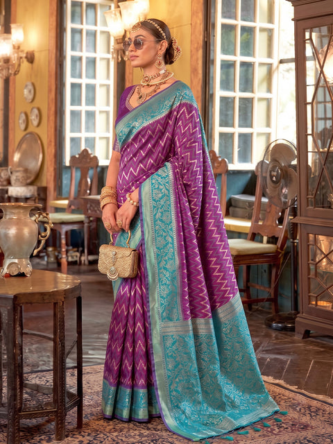 Purple & Blue Silk Zigzag Woven Saree