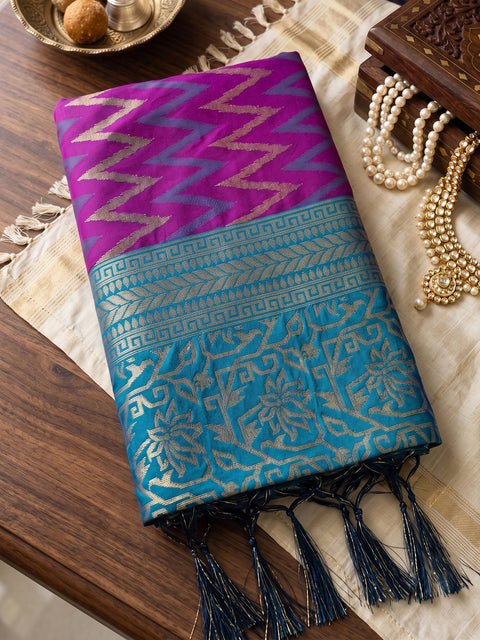 Purple & Blue Silk Zigzag Woven Saree