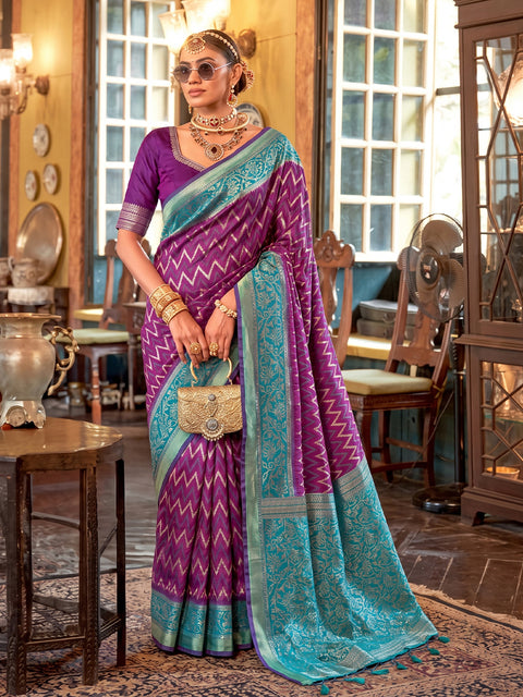 Purple & Blue Silk Zigzag Woven Saree