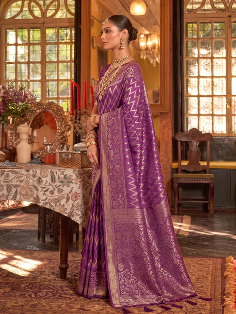 Purple Silk Zigzag Woven Saree
