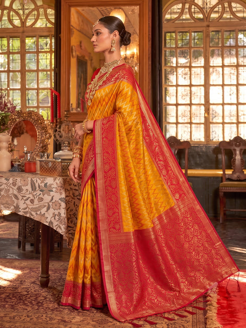 Mustard & Red Silk Zigzag Woven Saree