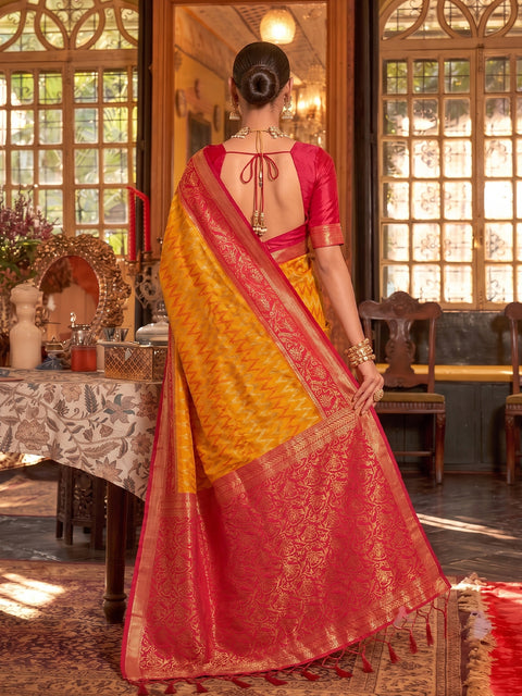 Mustard & Red Silk Zigzag Woven Saree