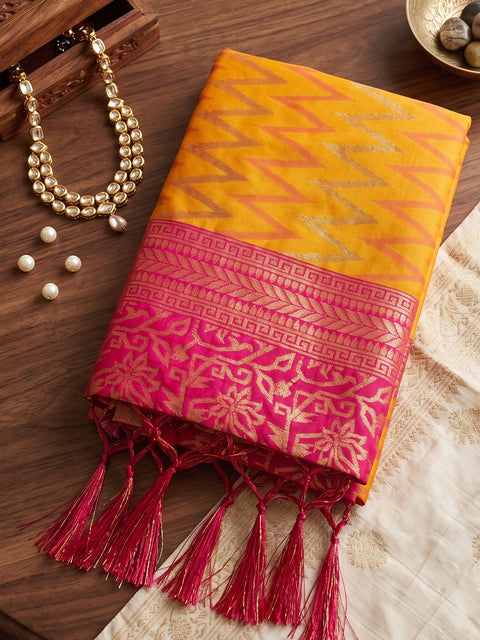 Mustard & Red Silk Zigzag Woven Saree