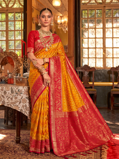 Mustard & Red Silk Zigzag Woven Saree
