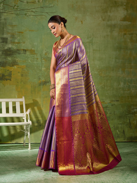 Lavender Kanchivaram Silk Zari Woven Saree with Maroon Blouse