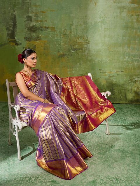Lavender Kanchivaram Silk Zari Woven Saree with Maroon Blouse