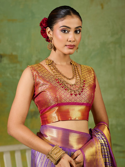 Lavender Kanchivaram Silk Zari Woven Saree with Maroon Blouse