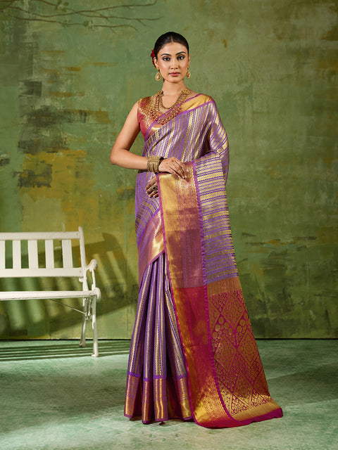 Lavender Kanchivaram Silk Zari Woven Saree with Maroon Blouse