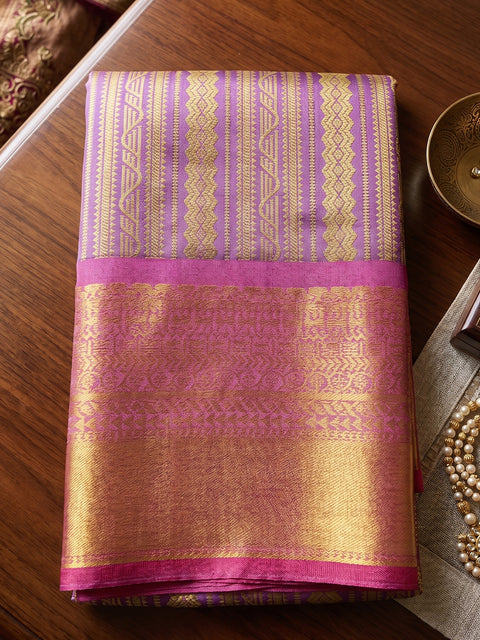 Lavender Kanchivaram Silk Zari Woven Saree with Maroon Blouse