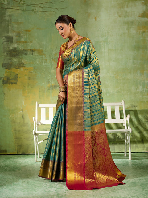 Rama Green Kanchivaram Silk Woven Saree with Maroon Pallu