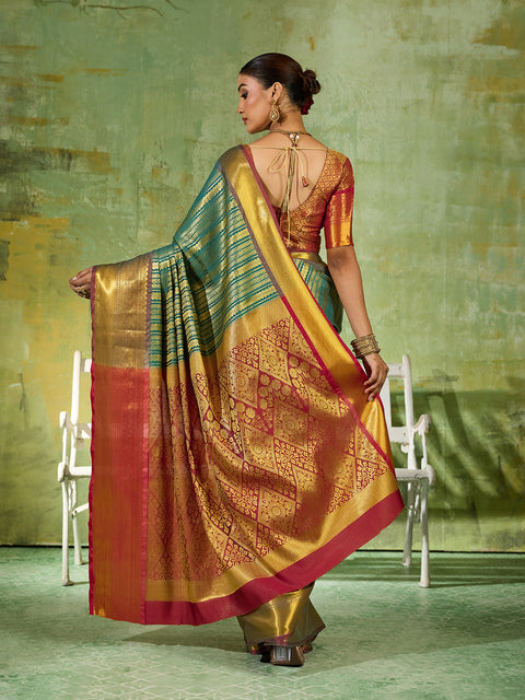 Rama Green Kanchivaram Silk Woven Saree with Maroon Pallu