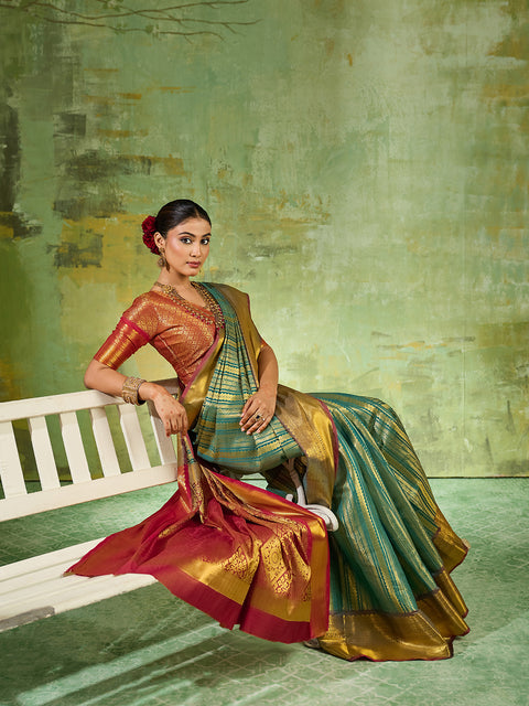 Rama Green Kanchivaram Silk Woven Saree with Maroon Pallu