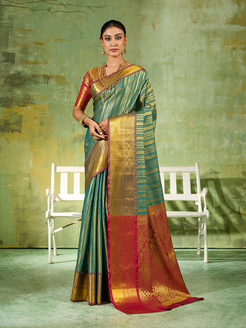 Rama Green Kanchivaram Silk Woven Saree with Maroon Pallu