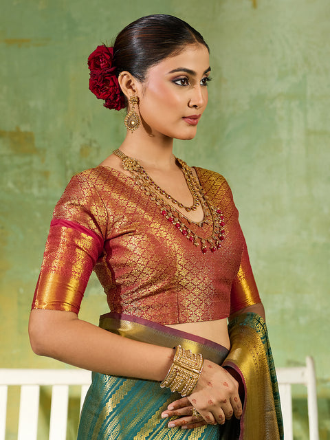 Rama Green Kanchivaram Silk Woven Saree with Maroon Pallu