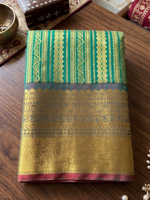 Rama Green Kanchivaram Silk Woven Saree with Maroon Pallu