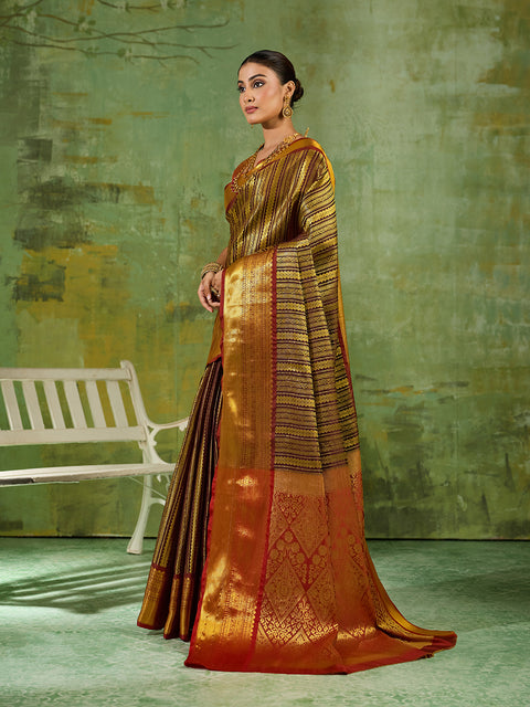 Brown Kanchivaram Silk Woven Saree with Maroon Pallu