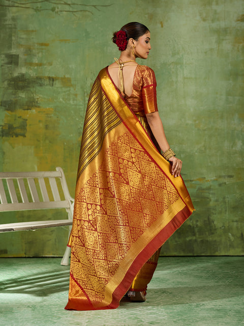 Brown Kanchivaram Silk Woven Saree with Maroon Pallu
