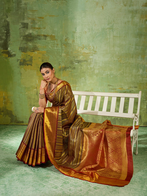 Brown Kanchivaram Silk Woven Saree with Maroon Pallu