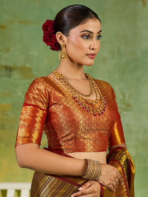 Brown Kanchivaram Silk Woven Saree with Maroon Pallu