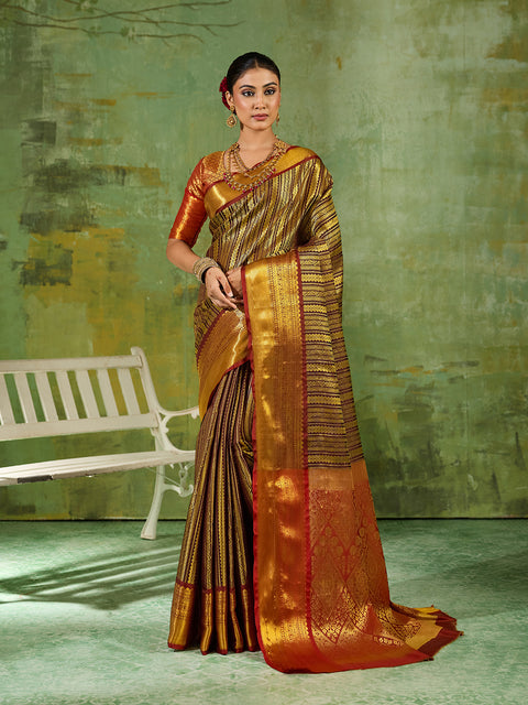Brown Kanchivaram Silk Woven Saree with Maroon Pallu