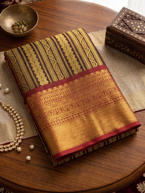 Brown Kanchivaram Silk Woven Saree with Maroon Pallu