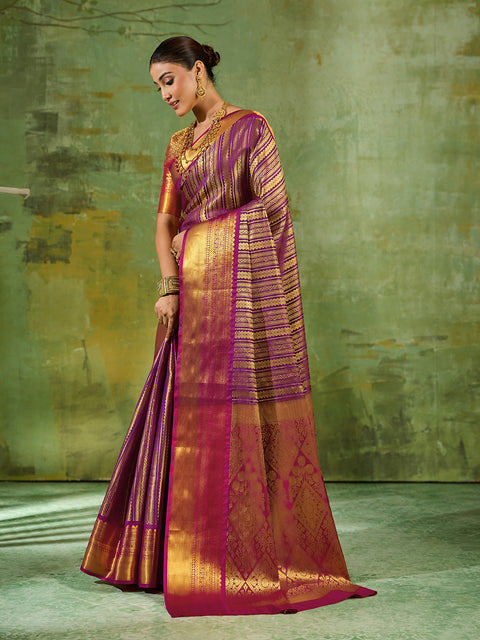 Purple Kanchivaram Silk Woven Saree with Maroon Pallu