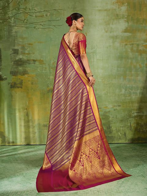 Purple Kanchivaram Silk Woven Saree with Maroon Pallu