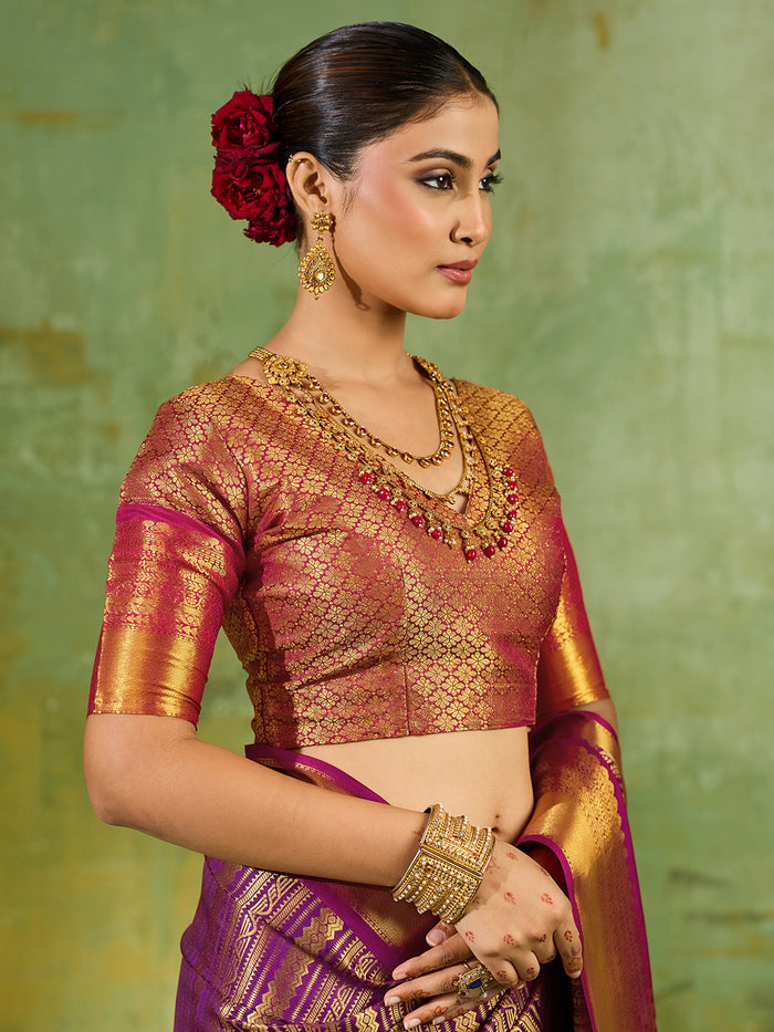 Purple Kanchivaram Silk Woven Saree with Maroon Pallu