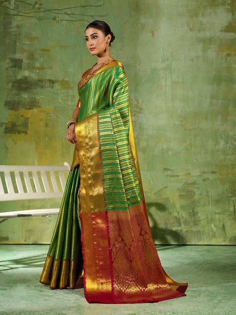 Green Kanchivaram Silk Woven Saree with Maroon Pallu