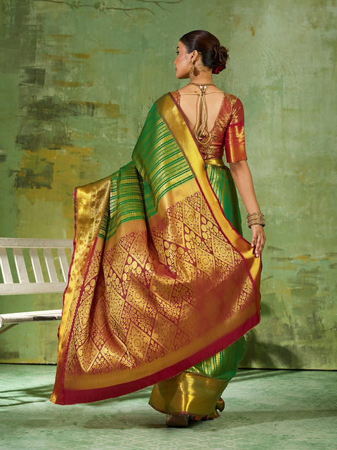 Green Kanchivaram Silk Woven Saree with Maroon Pallu