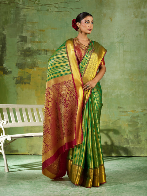 Green Kanchivaram Silk Woven Saree with Maroon Pallu