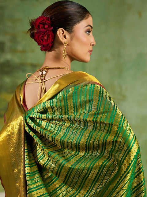 Green Kanchivaram Silk Woven Saree with Maroon Pallu