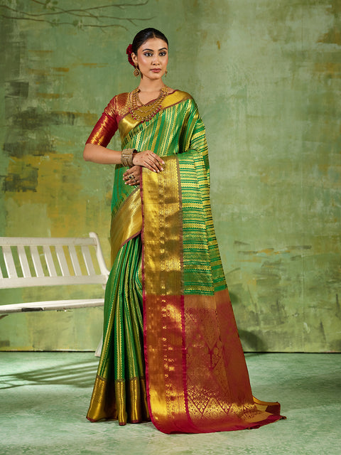Green Kanchivaram Silk Woven Saree with Maroon Pallu