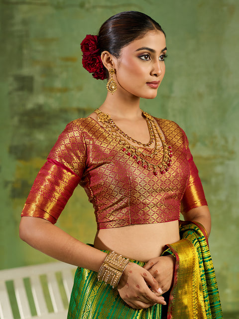 Green Kanchivaram Silk Woven Saree with Maroon Pallu