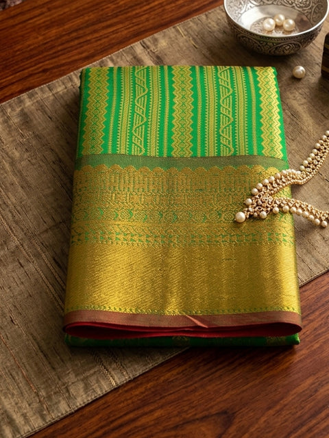 Green Kanchivaram Silk Woven Saree with Maroon Pallu