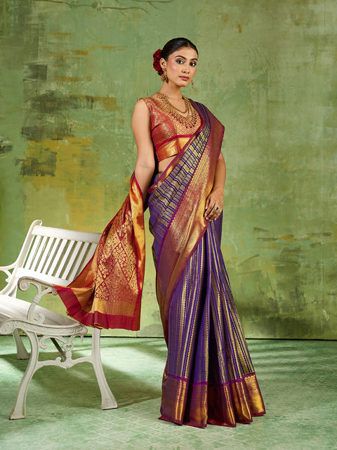 Royal Blue Kanchivaram Silk Woven Saree with Maroon Pallu