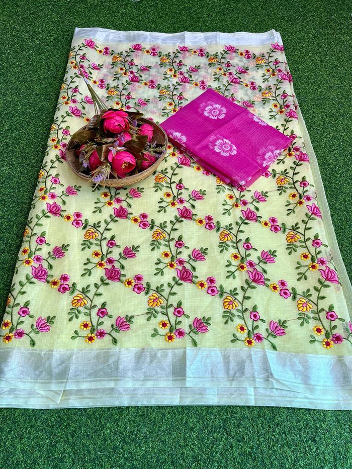 Yellow Color Kota Doria Embroidery Saree