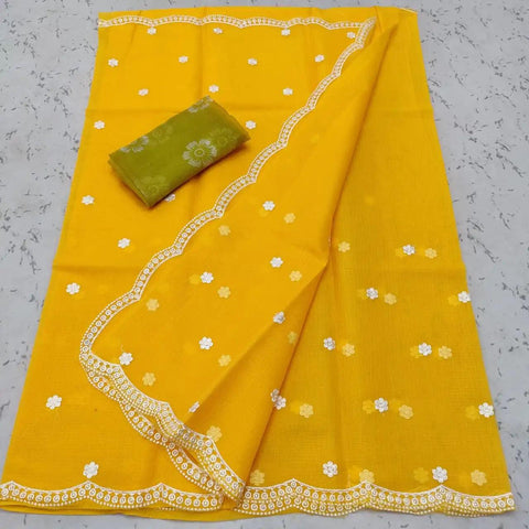 Yellow Color Machine Embroidery Work Kota Doria Saree - Trend In Need