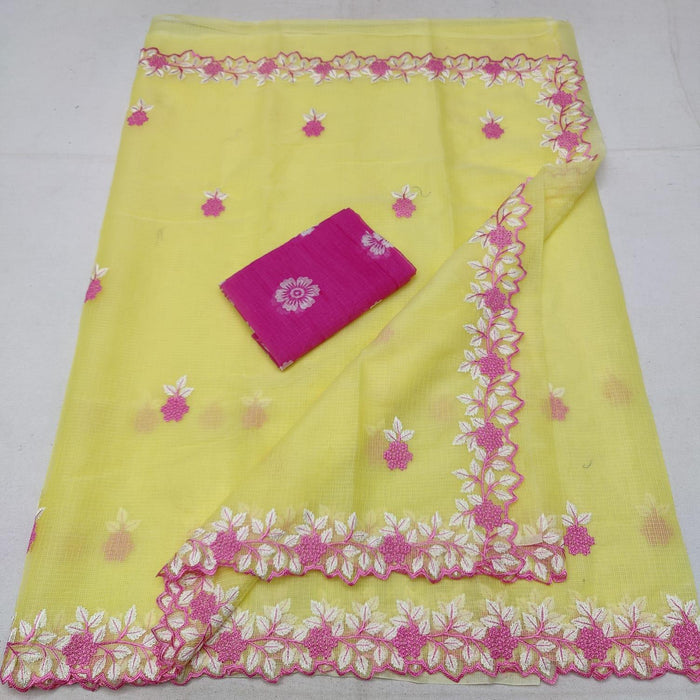 Embroidered Kota Cotton Saree - Yellow Color