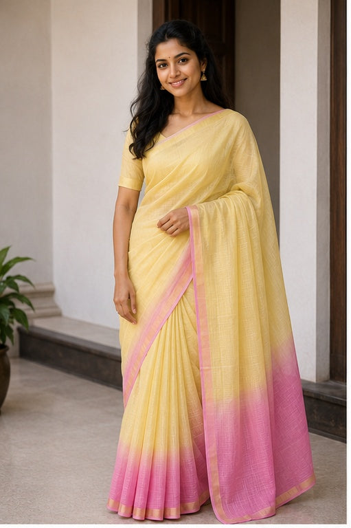 Pure Cotton Plain Kota Double Color Saree - Pink & Yellow