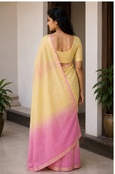 Pure Cotton Plain Kota Double Color Saree - Pink & Yellow