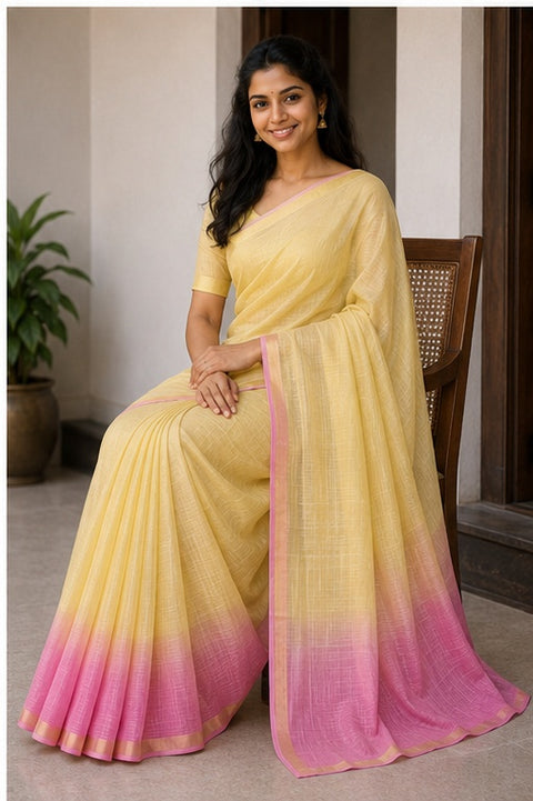 Pure Cotton Plain Kota Double Color Saree - Pink & Yellow