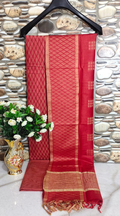 Cotton Silk Woven Design Red Color Dress Material