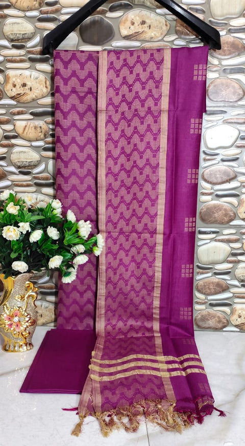 Magenta Color  Cotton Silk Woven Design Dress Material