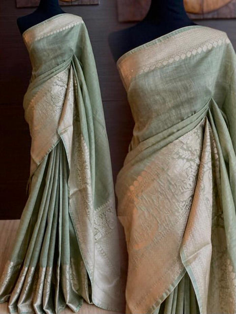 Pure Silk Banarasi Linen Saree - Green Color