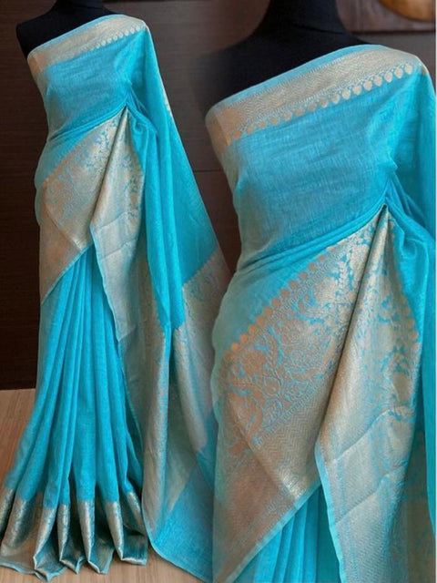 Pure Silk Banarasi Linen Saree - Blue Color