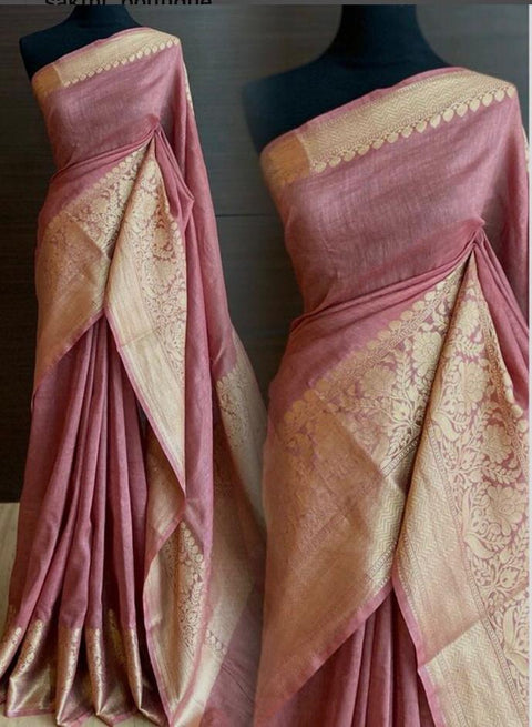 Pure Silk Banarasi Linen Saree - Pink Color