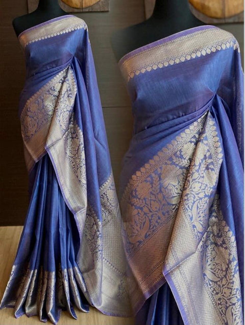 Pure Silk Banarasi Linen Saree - Purple Color