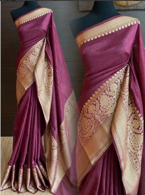 Pure Silk Banarasi Linen Saree - Wine Color