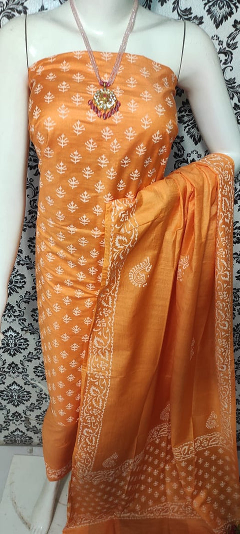 Printed Peach Color Cotton Silk Dress Material